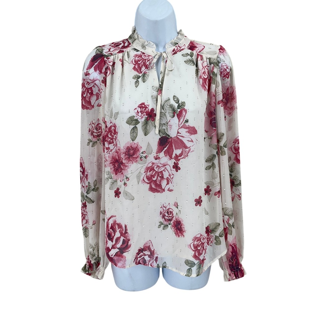 Joie Blouse Womens S Cream Floral Ruffle Neck Metallic Boho Romantic Office Airy